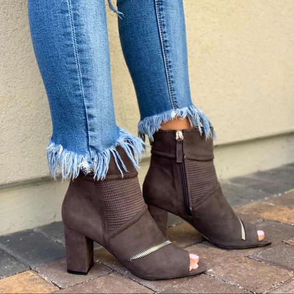 Gray Zipper Detail Peep Toe Sock Ankle Bootie - Picture 1 of 7